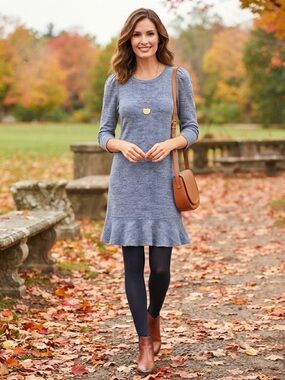 Talbots Blue Heathered Knit Puff-Sleeve Ruffle Hem Dress Woman’s Medium